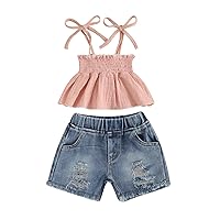Toddler Baby Girl Denim Shorts Outfit 2 Piece Summer Clothes Sleeveless Tank Top Ripped Short Jeans Cute Set