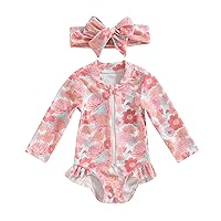 Karwuiio Baby Girl One Piece Swimsuit Long Sleeve Jumpsuit Swimwear with Headband Infant Bathing Suit