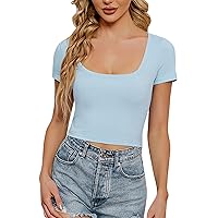 Tops for Women Summer Crop Tops for Women 2024 Sexy Simple Classic Casual Slim Fit with Short Sleeve Round Neck Summer Shirts Sky Blue Small