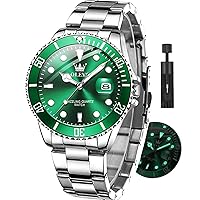 OLEVS Watches for Men with Date Luxury Big Face Waterproof Mens Wristwatch Analog Dress Two Tone Stainless Steel Man Watch Luminous Relojes De Hombre Calendar(Green/Blue/Black Dial
