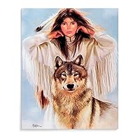 Maija Junno Indian Native American Beautiful Woman with Wolf Vintage Painting Art Poster (3) Canvas Poster Wall Art Decor Print Picture Paintings for Living Room Bedroom Decoration Unframe-style 8x10i