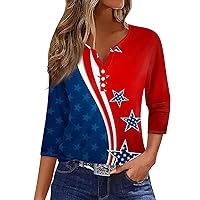 Casual Henley Shirts for Women,3/4 Length Sleeve Womens Tops Button Henley V Neck Shirts Henley 2024 Summer Blouses Dressy Fashion Print Clothes Womens 3/4 Sleeve Tops