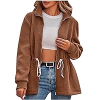 Womens Sherpa Fleece Jackets Drawstring Adjustable Waist Coat Zip Up Winter Fuzzy Casual Slim Fit Solid Outwear