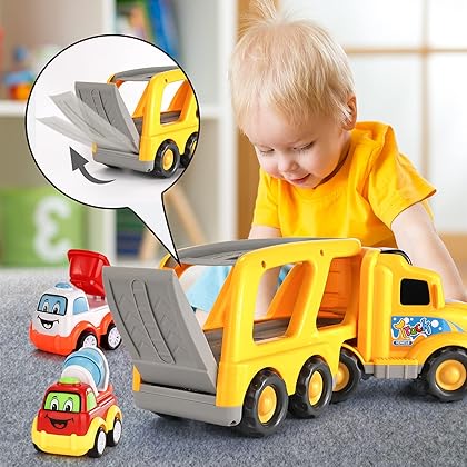 Construction Truck Toys for 1 2 3 4 5 6 Year Old Boys, 5-in-1 Friction Power Toy Vehicle in Carrier Truck Toys for Kids 3-5 Years, Car Toys Set for Age 3-9, Christmas Birthday Gifts