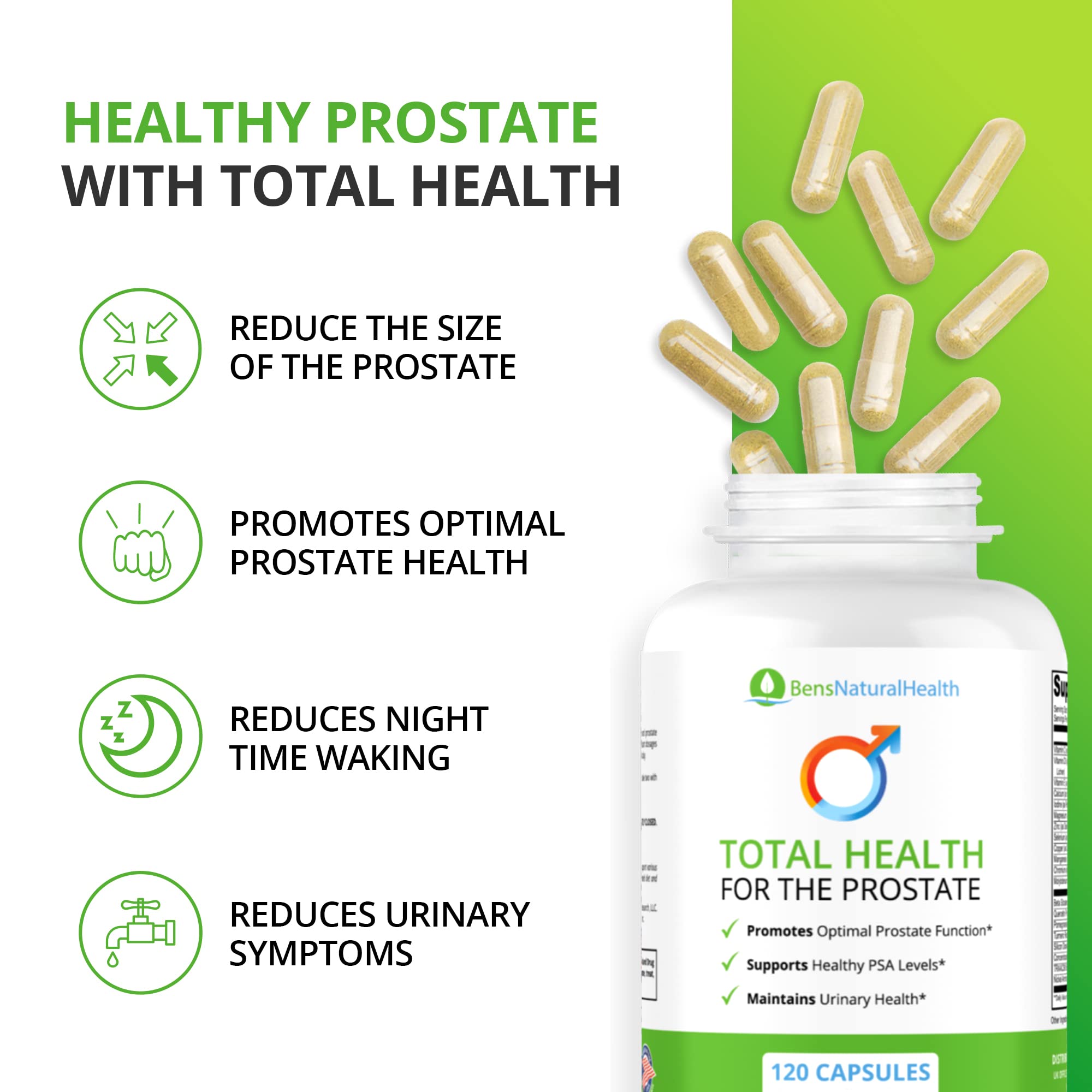 Ben's Natural Health Total Health for The Prostate - Natural Prostate Support for Men - with Pomegranate Quercetin and Turmeric Root 120 Capsules (3 Bottles)