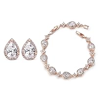 SWEETV Teardrop CZ Wedding Earrings and Necklace for Brides Rose Gold