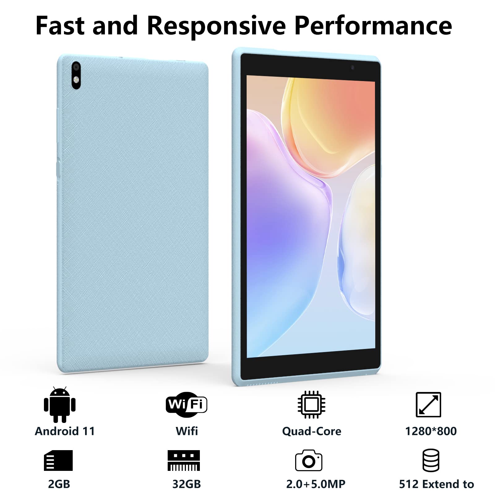 Tablet Android 11 Tablets, 8 inch Tablet 2GB RAM, 32GB ROM Support 512GB Expand Computer Tablet PC, Quad-Core Processor, IPS Touch Screen, 2+5MP Dual Camera, 4300mah Battery, Wifi Tableta, Light Blue