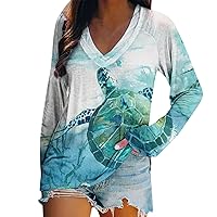 Summer Sea Turtle Print Tank Tops for Women Cute Short Sleeve V Neck Graphic Tee Shirts Loose Fit Pullover Blouse