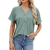 Women's Trendy Tops 2024 Casual Fashion Sexy V-Neck Rolled Short Sleeve Button T Shirt Y2K Tops, S-2XL