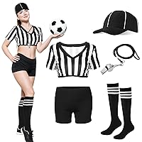 Women's Official White and Black Stripe Referee Shirt Jersey Shorts Umpire Hat Whistle for Football Halloween Cosplay