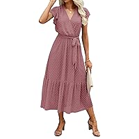 BTFBM Women Summer Bohemian Floral Casual Wrap V Neck Ruffle Cap Sleeveless Belt A-Line Pleated Hem Midi Sun Dress White