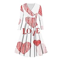 Women's Casual Long Sleeve Cute Valentine's Day Dresses Sexy V-Neck Waisted Heart Printed Hem Dresses