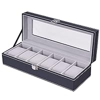 6 Slots Watch Box Display Case Organizer for Men Fathers Husband, PU Leather Watches Organizer Storage with Crystal Glass Lid -Black