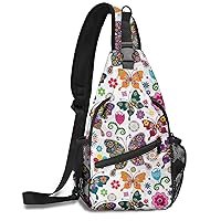 Colorful Butterfly Flower Sling Bag Crossbody Travel Hiking Bags Mini Chest Backpack Casual Daypack for Women Men with Strap Lightweight Outdoor Sport Climbing Runners