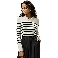 LilySilk Women's Sweater Merino Wool Black & White Stripes Basic Pullover & Base Layer for Fall Winter