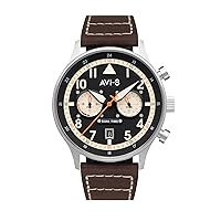 AVI-8 Mens 43.5mm Hawker Hurricane Carey Dual Time Japanese Quartz Pilot Watch with Leather or Stainless Steel Strap AV-4088