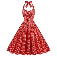Vintage Dress for Women 1950s Retro Halter Gingham Polka Dots Swing Cocktail Party Rockabilly Dance Costume