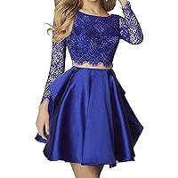 Women's Two Piece Lace Short Homecoming Dresses 2019 Long Sleeve Satin Cocktail Dresses Prom Party Gowns
