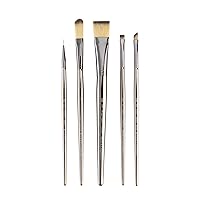 Royal and Langnickel 5 Pieces Brush Set Synthetic Filament, Wash 3/4, Oval Wash 1/2, Angular 1/4, Liner 10/0, Chisel Blender 4