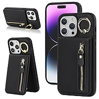 iPhone 14 pro Case with Card Holder for Women, iPhone 14 pro Phone Case Wallet with Credit Card with Ring Kickstand Zipper Shockproof Slim Stand Case for iPhone14pro - Black