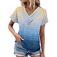 Spring Tops for Women 2024,Womens Tops Trendy Short Sleeve V Neck Pleated Button Going Out Tops for Women Casual Summer Blouse Blouses for Women