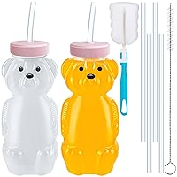 2 PCS Honey Bear Straw Cup, Baby Straw Cups with 4 Flexible Straws and 2 Brushes, 8oz Special Supplies Juice Bear Bottle for Infant Feeding, Drinking Needs of Those with Poor Oral Health(Pink