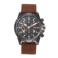 Silverora Men's Military Watch Sports Watch: Large Dial Three Eyes Decoration Analogue Quartz Watch Date Calendar Luminous Hands Watch with Nylon Strap Flower Case Gifts for Men Brown, Strap.