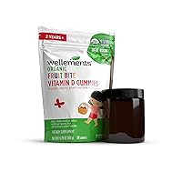 Wellements Organic Fruit Bite Vitamin D Gummies + Refillable Glass Jar (9 oz) | Vitamin D3 Gummies for Kids | Promotes Healthy Growth & Bone Development*, Raspberry Flavor | 60 Day Supply, Ages 2+