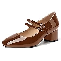 Women's Dating Buckle Cute Square Toe Solid Patent Block Low Heel Pumps Shoes 2 Inch