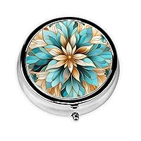 Turquoise Pattern Print Round Pill Box Cute Mini Metal Pill Case with 3 Compartment Portable Travel Pillbox Medicine Organizer for Pocket Wallet