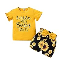 Happy Pack Baby Girl Clothes Outfits CottonLetter Print Ruffled TopsCasual2PCS Set Girl Bundle (Yellow, 12-18 Months)