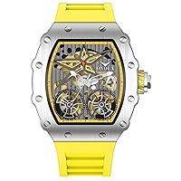 Gosasa Luxury Automatic Mechanical Watches for Men Tonneau Shape Hollow Fashion Male Watch Silicone Strap Analog Display Waterproof Wristwatch
