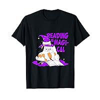 Cat reading magical book and the quote Reading is magical T-Shirt