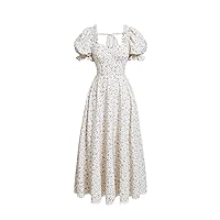 Women's Dresses Ditsy Floral Print Puff Sleeve Dress Dress for Women (Color : Multicolor, Size : Large)