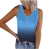 Gradient Ribbed Stretch Tank Tops Women Button V Neck Sleeveless T-Shirts Summer Slim Fit Henley Shirt for Going Out