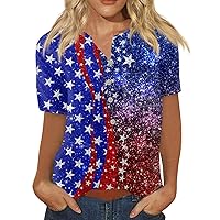 4Th of July Tops for Women 2024 Patriotic Star Stripes Vintage Button Down USA Flag Print Vneck Short Sleeve Tee Blouse