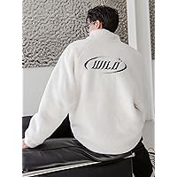 Jackets for Men - Men Letter Embroidery Raglan Sleeve Teddy Jacket (Color : White, Size : Small)