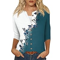 Womens Tops Short Sleeve Shirts for Women Summer 2024 Fashion Trendy 3/4 Length Sleeve Tops Blouses for Women Dressy Casual Business Tops Turquoise Cotton Linen 3/4 Sleeve Tops Greens