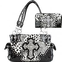 Western Cross Leopard Handbag Rhinestone Pocket Purse With Matching Wallet (black1)