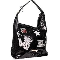 Nicole Lee Sequin Patch Shoulder Bag, Women's Medium Hobo Style Handbag with Multicolor Fashion Patches - Black