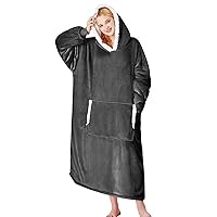 Oversized Wearable Blanket Hoodie, Flannel Sherpa Fleece Blanket Sweatshirt for Adults Women Men, Big Plush Cozy Hooded Blanket with Hood, Pocket & Sleeves, One Size Fits All (Grey)