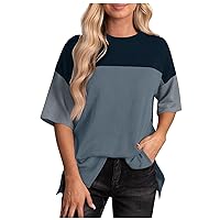 Womens Fashion 2024 Color Block Short Sleeve Crewneck Knitted Casual Loose Shirts Summer Trendy Comfy Tunic Tops