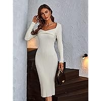 Sweater Dress for Women Sweetheart Neck Ribbed Knit Sweater Dress Sweater Dress for Women (Color : Beige, Size : Small)