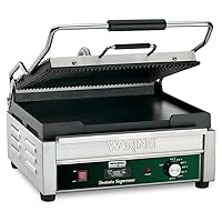 Waring Commercial WDG250T Tostato Supremo Ribbed Top Plate and Flat Bottom Plate Large Surface Panini Grill, With 20 Minute Timer, 120 V, 1800W, 5-15 Phase Plug