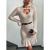 Women's Fashion Dress -Dresses Cut Out Flounce Sleeve Ruffle Hem Sweater Dress Without Belt Sweater Dress for Women (Color : Apricot, Size : Medium)