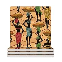 African American Women Ceramic Coaster with Cork Backing Absorbent Drink Coasters Great Housewarming Gift Square 3.7 Inches 4PCS