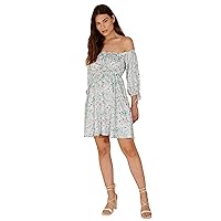 Elina fashion Women's Faux Georgette 3/4 Sleeve Flared Floral Print Mini Dress Eyelet Neck Summer Casual Tiered Dresses