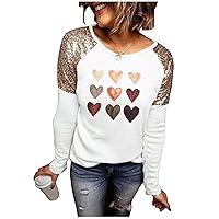 Valentine Leopard Plaid Love Heart Shirt Blouses for Women Color Block Splicing Long Sleeve Tshirt Valentine's Day Gift