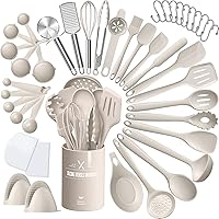 Silicone Kitchen cooking Utensils Set, AIKKIL 43 Pcs Heat Resistant Khaki Cooking Utensils Set, Turner, Tongs, Spoon, Spatula, Kitchen Gadgets Tools Set For Nonstick Cookware(Dishwasher, BPA Free)