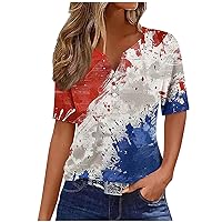 American Flag Shirt Tops for Womens 4th of July T-Shirts Summer Short Sleeve T Shirt Sexy Button Up V-Neck Patriotic Tees
